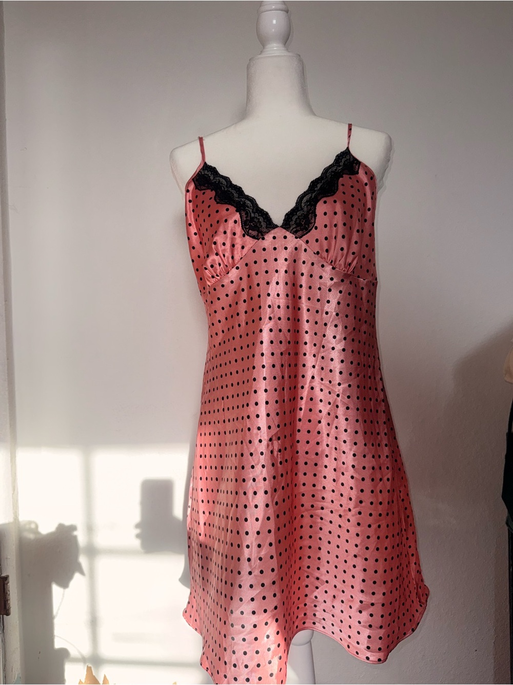 138. Pink with black polka dot polyester slip dress with lace trim, size L
